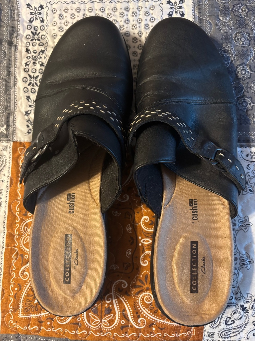 Clarks Black Leather Slip-On Clogs with Buckle Detail